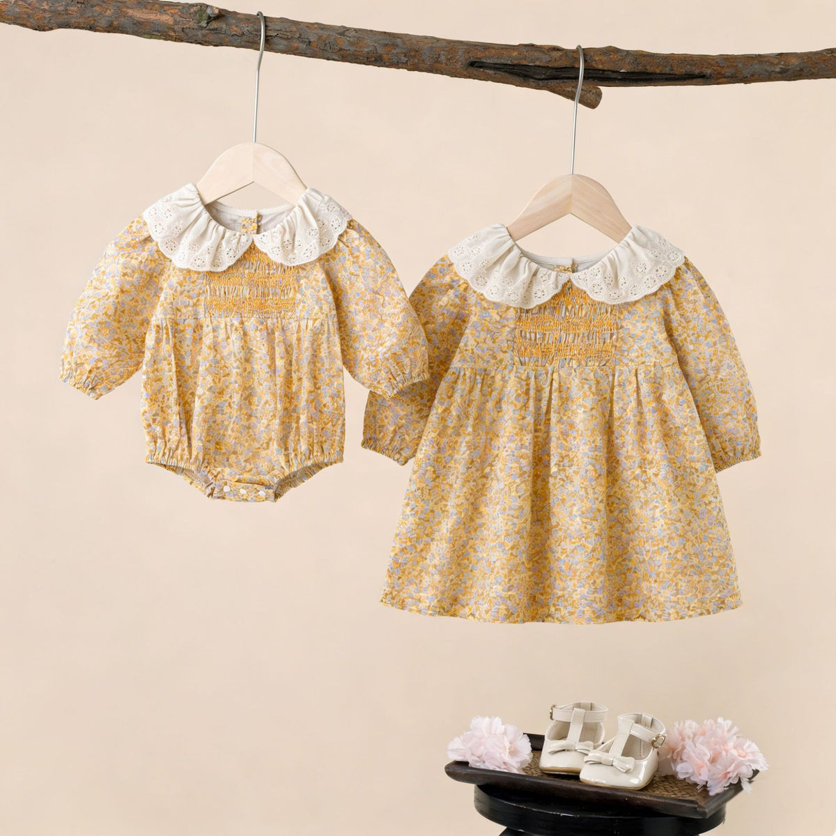 女童姐妹装春季儿童花边领碎花打揽公主裙女宝宝长袖裙Girls' Matching Outfits: Spring Children's Lace-Collar Floral Princess Dress, Long-Sleeve Dress for Baby Girls