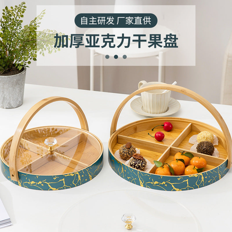 楠竹圆形干果盘亚克力带盖竹制坚果盘家用茶室零食糖果盘厂家批发Round Nanmu Bamboo Dry Fruit Tray, Acrylic-Lid Bamboo Nut Tray, Household, Tea Room, Snack and Sweet Tray – Manufacturer Wholesale