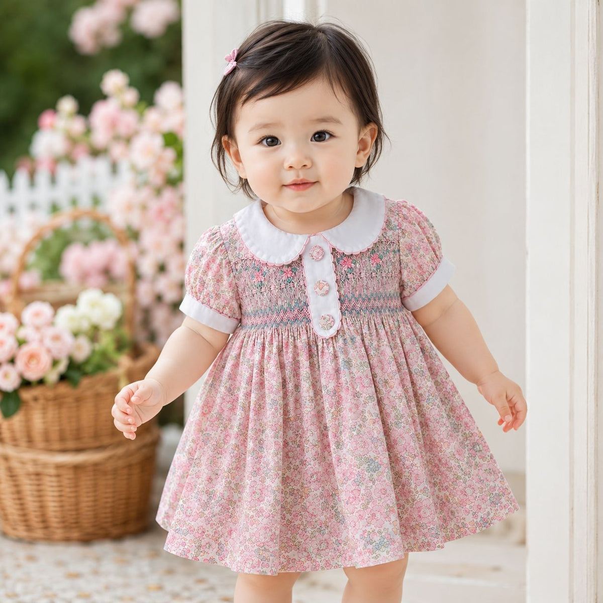 粉色打揽碎花泡泡袖娃娃领甜美女童短袖连衣裙 Pink Ruffled Floral Print Short-Sleeve Dress with Puffed Sleeves and Peter Pan Collar for Cute Little Girls