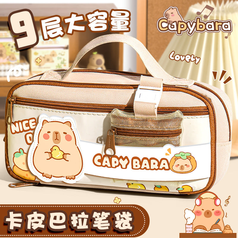 卡皮巴拉9层提手笔袋 学生大容量笔袋ins风小学生笔盒 Capybara 9-Layer Pen Case with Handle—Large-Capacity Student Pen Case for Elementary School Students