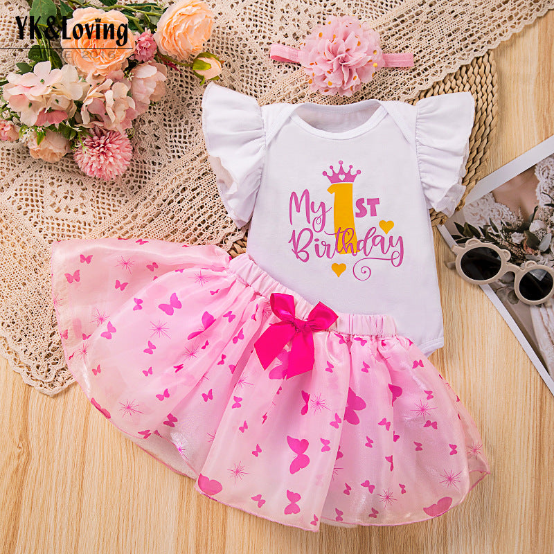 周岁节日套装卡通字母1字无袖哈衣蝴蝶结半身裙发饰3件套1st Birthday Party Set: Cartoon “1” Letter Sleeveless Romper, Bow Skirt, and Hair Accessory—3-Piece Trendy Set