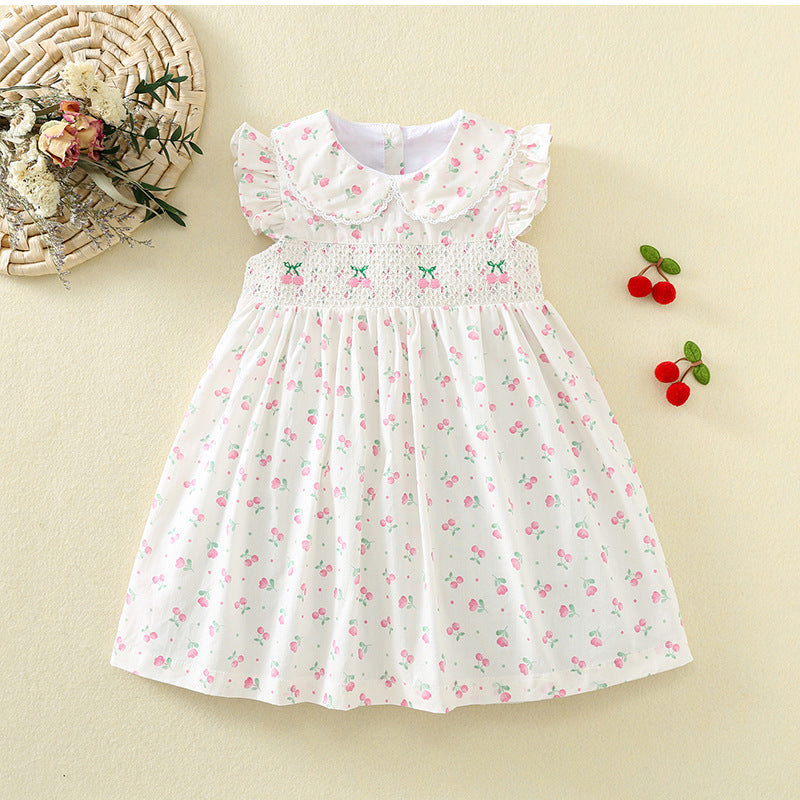 女童飞袖甜美打揽裙樱桃绣花可爱娃娃领刺绣连衣裙Girls' Sweet Flare-Sleeve Cherry-Embroidered Dress with a Cute Peter Pan Collar