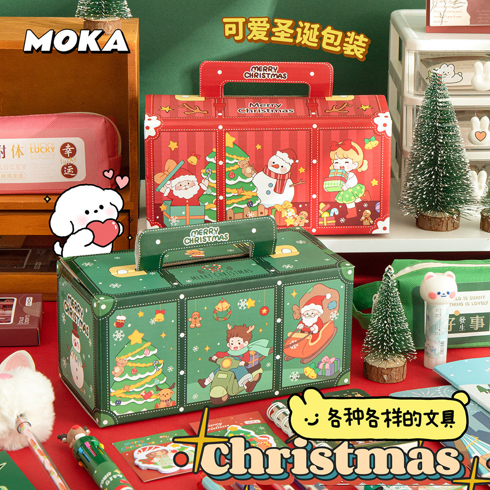 MOKA圣诞学生文具套装手提款幸运盲盒卡通惊喜学生礼物 MOKA Christmas Student Stationery Set: Carry-Style Lucky Mystery Box—Cartoon Surprise Gift for Students