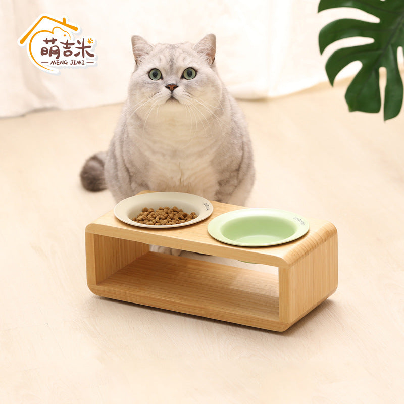 猫碗架竹木宠物狗食盆架防打翻加高斜口护颈椎陶瓷双碗工厂批发Cat Bowl Stand – Bamboo and Wooden Pet Dog Food Bowl Stand, Tip-Proof, Raised with Angled Rim to Protect the Cervical Spine, Ceramic Double Bowls – Factory Wholesale