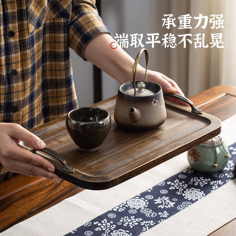 轻奢复古竹制托盘长方形胡桃木色中式餐厅酒店提手茶具泡茶水茶盘Lightly luxurious, vintage-style bamboo tray; rectangular, walnut-coloured Chinese-style dining and hotel tea set with handles and tea tray
