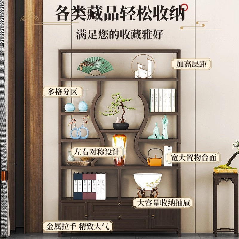 新中式实木博古架茶室茶柜茶具展示架立式落地式置物架客厅隔断柜New Chinese-style solid wood display cabinet, tea room cabinet, tea set display unit, freestanding floor-to-ceiling shelving unit, living room room divider cabinet