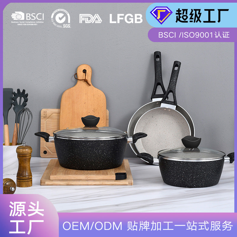 定制OEM仿压铸套装煎锅奶锅汤锅组合 家用麦饭石不沾锅家用汤锅煎Customised OEM die-cast-style set comprising frying pan, milk pan and soup pot – household maifanshi non-stick cookware set for frying and soup-making