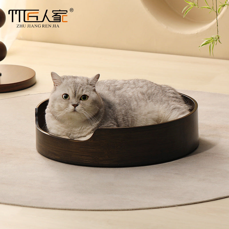 楠竹猫抓板猫窝一体超大可睡觉瓦楞纸猫窝磨爪板圆形猫咪用品批发Extra-large integrated bamboo cat scratching post and bed – corrugated cardboard cat bed with scratching surface, round cat accessories – wholesale