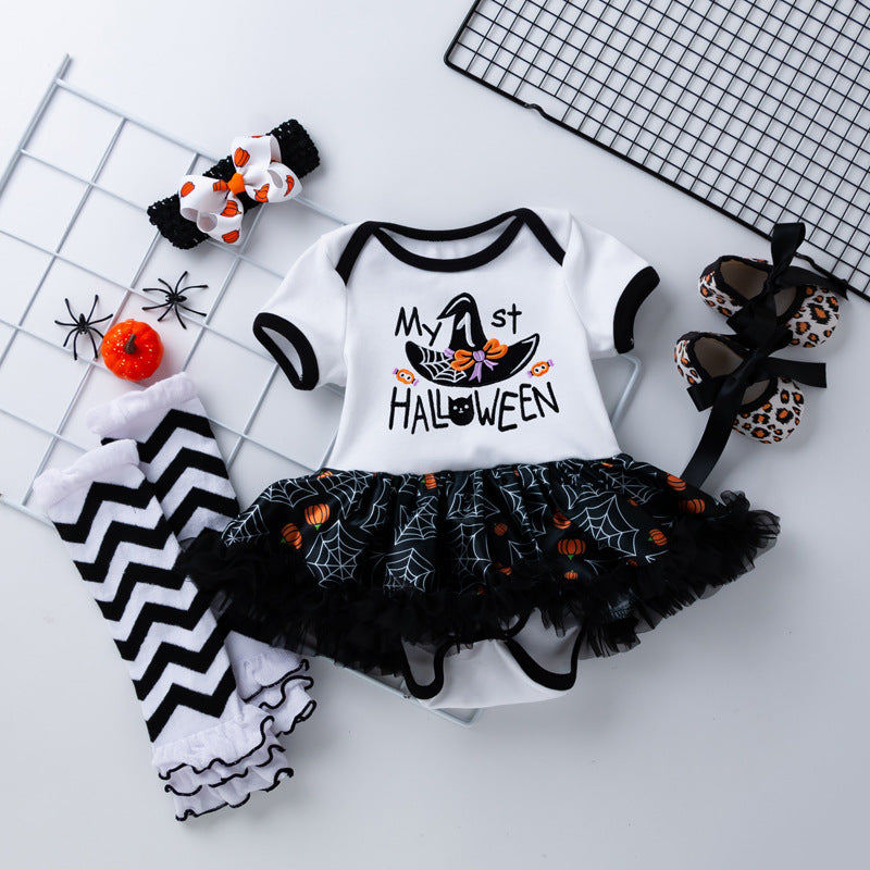 万圣节婴幼儿服饰女宝宝卡通绣花女巫帽短袖公主裙袜套装Halloween Baby and Toddler Outfit: Girls' Cartoon Embroidered Witch Hat, Short-Sleeve Princess Dress, and Socks Set