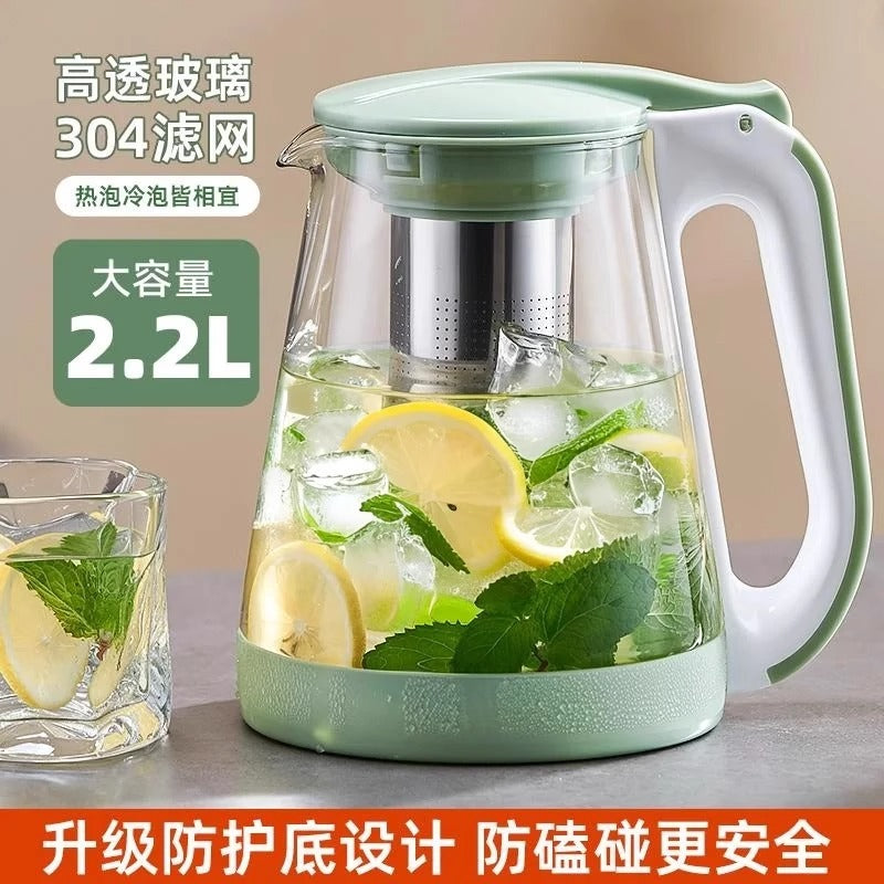冷水壶大容量冰镇水果冷泡茶壶过滤凉水壶耐高温玻璃凉水杯Large-Capacity Water Pitcher for Chilled Fruit Cold-Brew Tea, Filtered Water Pitcher, Heat-Resistant Glass Water Cup