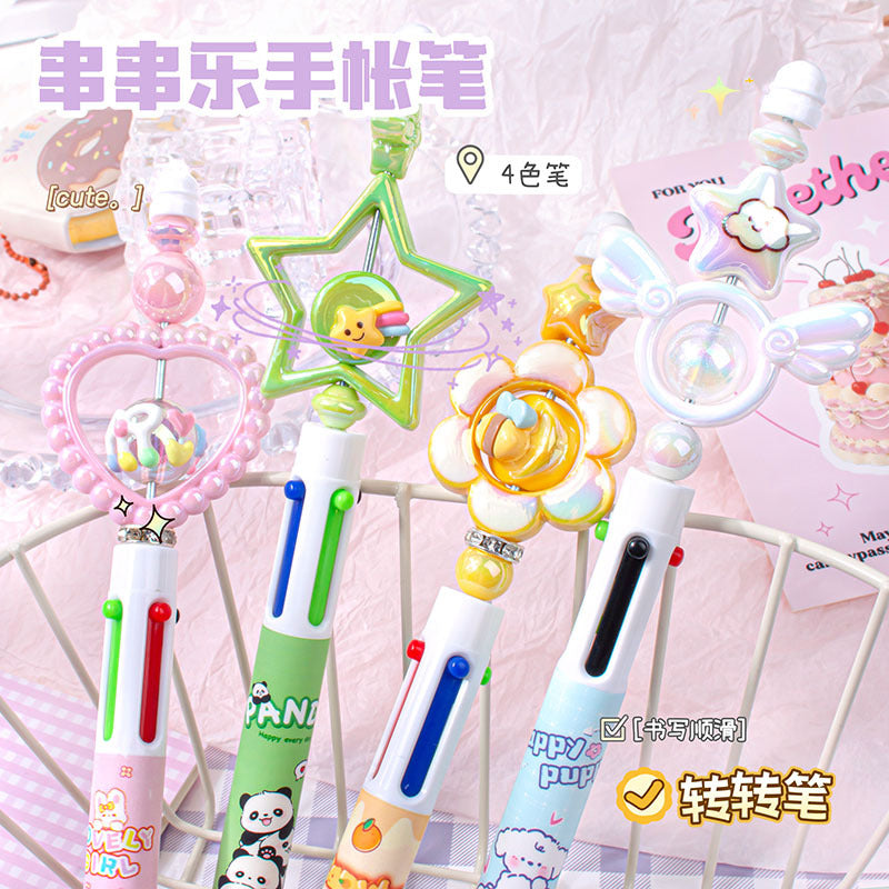 魔卡串串乐四色手账笔转转笔圆珠笔创意多色中油笔按动学生可爱Magic Card Skewer Fun Four-Color Planner Pen, Spinning Pen, Ballpoint Pen, Creative Multi-Color Medium-Flow Pen, Push-Button, Student-Friendly, Cute