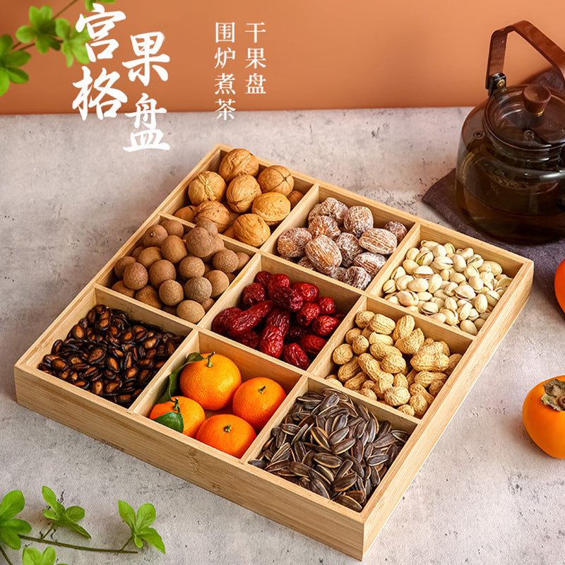 食材格子拼盘方形菜盘茶点盘竹制零食坚果九宫格托盘带盖围炉煮茶Compartmentalised serving platters, square serving dishes, tea and pastry platters, bamboo snack and nut trays, nine-compartment trays with lids, for cooking tea over a fire