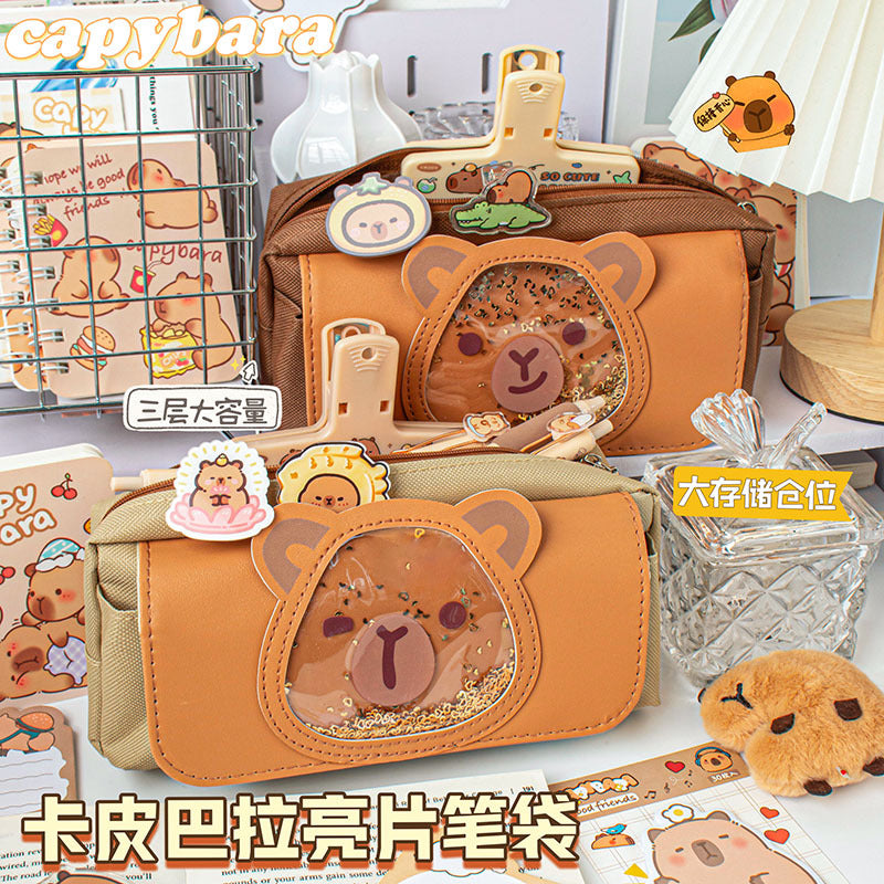 MOKA Cute Capybara Cartoon-Printed Large-Capacity Brown Stationery Pouch for Students