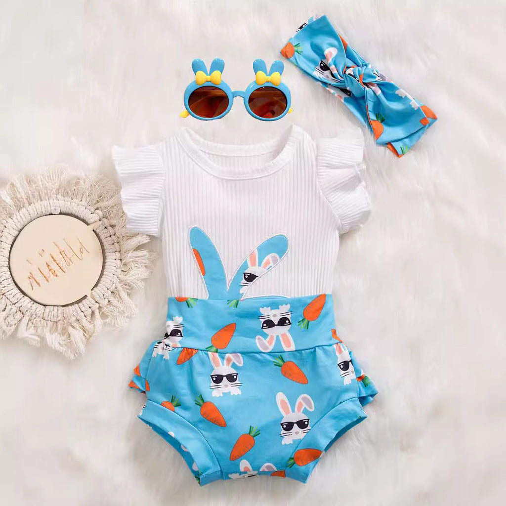 复活节女宝宝飞袖哈衣+短裤+头花多件套 Easter Baby Girl Set: Ruffled Romper + Shorts + Hair Clip
