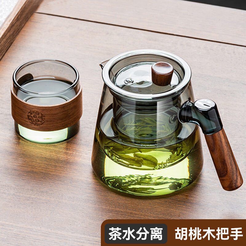 胡桃木把手泡茶壶高硼硅耐热玻璃茶壶茶室办公家用茶水分离杯Walnut-Handled Teapot, High-Borosilicate Heat-Resistant Glass Teapot, Tea Room, Office, and Home Use, Tea-Water Separation Cup