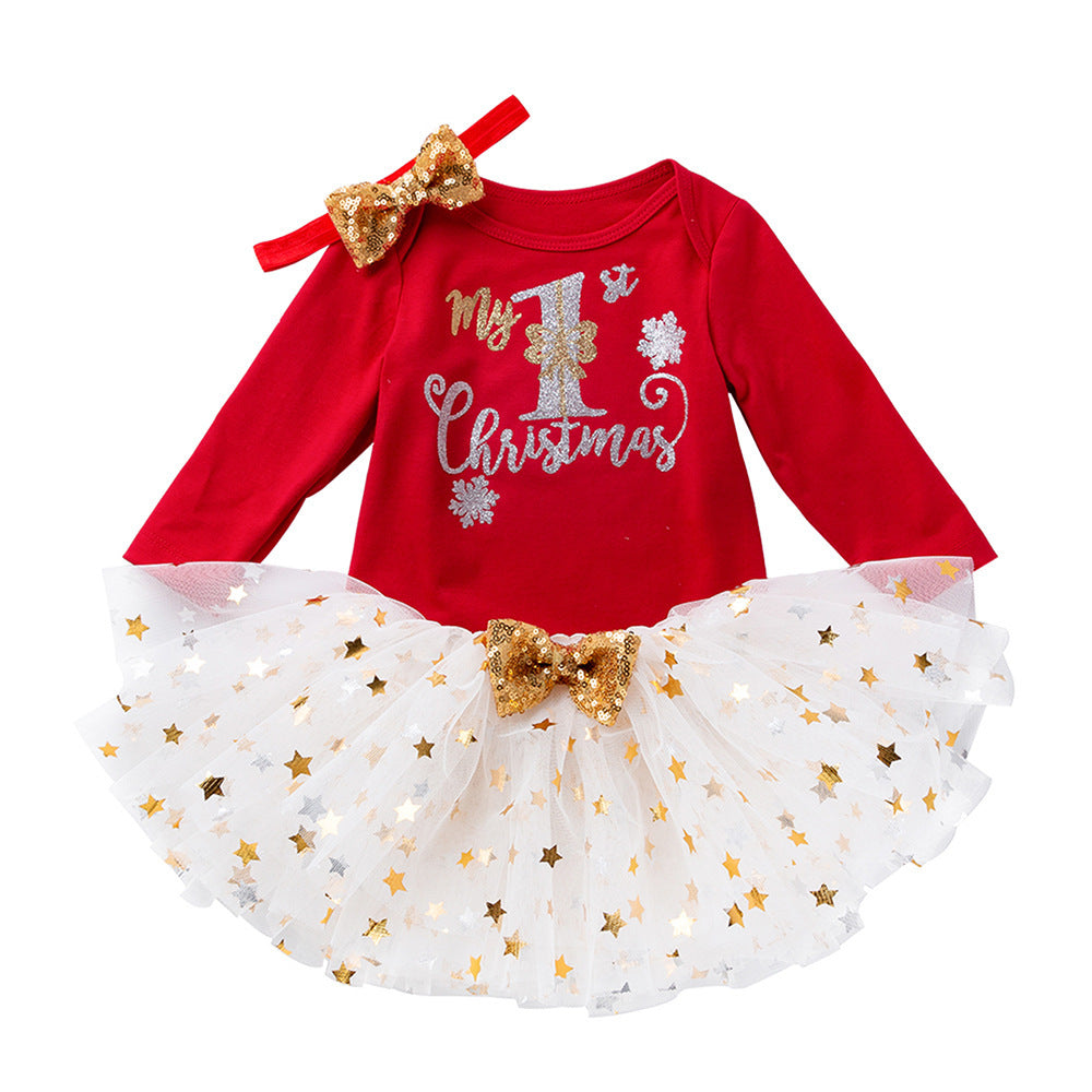 圣诞节宝宝套装婴儿秋装长袖哈衣tutu裙圣诞节日服 Christmas Baby Outfit Set: Fall Baby Clothing, Long-Sleeve Onesie, Tutu Skirt, Christmas Holiday Outfit