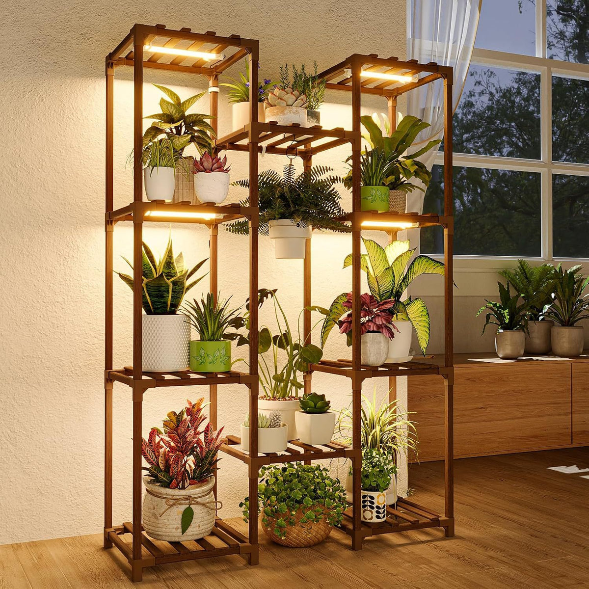 植物灯花架阳台多层植物架带滚轮落地式花盆架客厅绿植收纳置物架Plant Light Stand, Balcony Multi-Tier Plant Rack with Castors, Floor-Standing Plant Pot Stand, Living Room Houseplant Storage Shelf