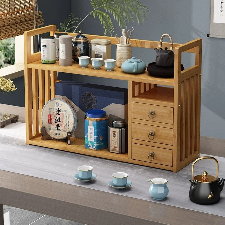 楠竹带抽办公小书架桌面收纳简约桌上书架学生书架置物架Small Office Bookshelf with Drawers in Nan Bamboo – Minimalist Desktop Organiser, Student Bookshelf, Storage Unit