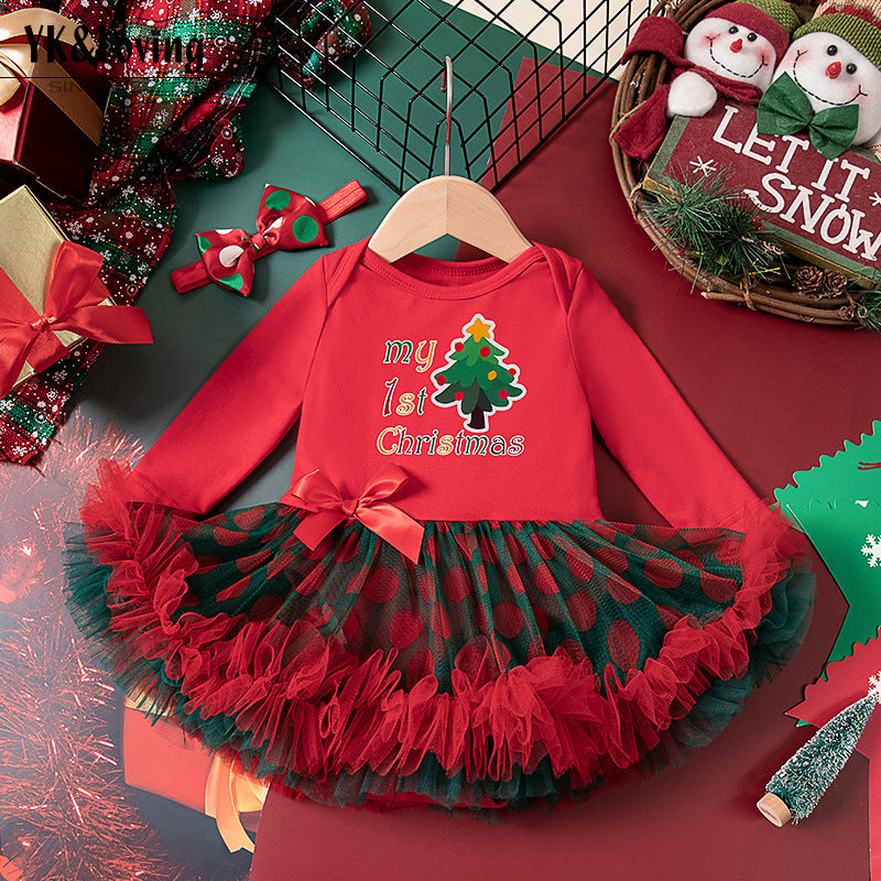 圣诞节秋冬女宝宝婴幼儿童长袖哈衣裙发饰两件套Christmas Fall/Winter Two-Piece Set for Baby Girls and Young Kids: Long-Sleeve Onesie Dress and Hair Accessory