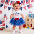 独立日婴儿服饰短袖哈衣蓝色星星半身裙发饰套装Independence Day Baby Outfit: Short-Sleeve Romper, Blue Star Skirt, and Hair Accessory Set