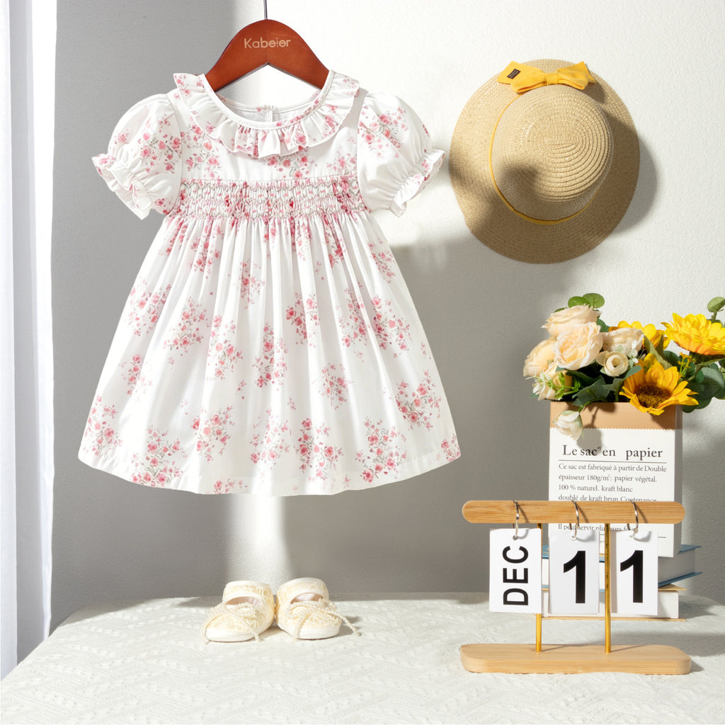 夏季女童手工打揽绣花连衣裙法式重工碎花裙公主裙Summer Handmade Embroidered Dresses for Girls: French-Style Heavy Embroidery Floral Print Princess Dresses