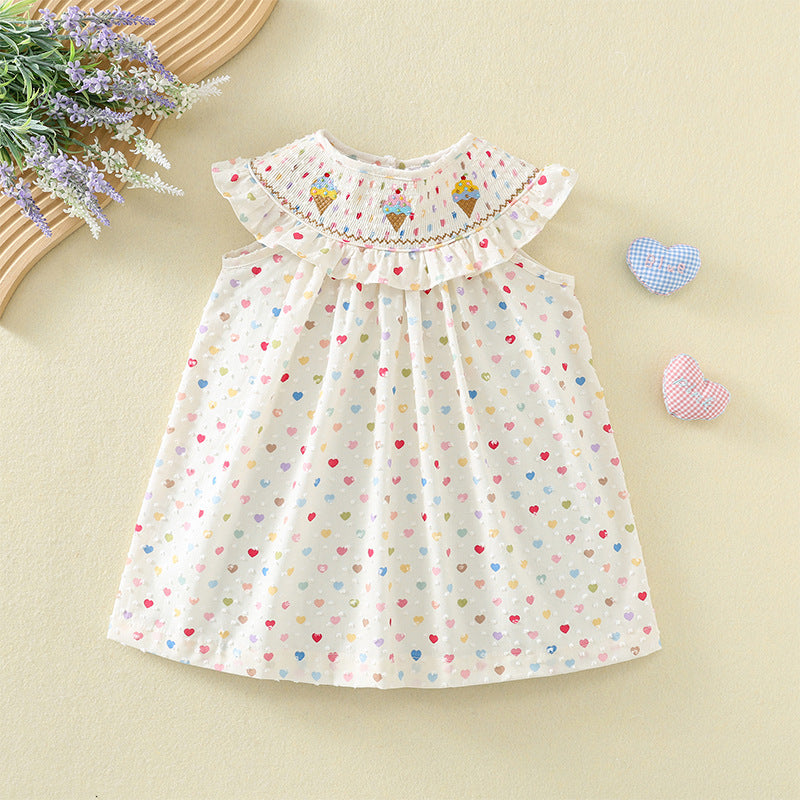 女童冰淇淋刺绣打揽连衣裙夏季女宝宝爱心印花棉布公主裙 Girls' Ice Cream Embroidered Summer Dress—Baby Girl's Heart-Print Cotton Princess Dress