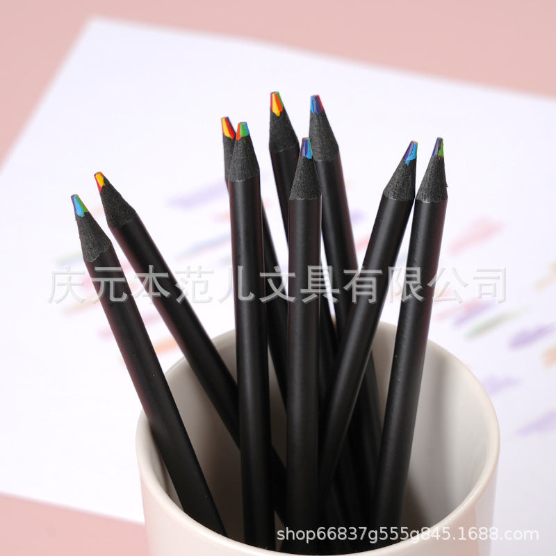 跨境彩虹7色黑木彩铅油性 12支Cross-Border Rainbow 7-Colour Black Wood Oil-Based Coloured Pencils, 12-piece set