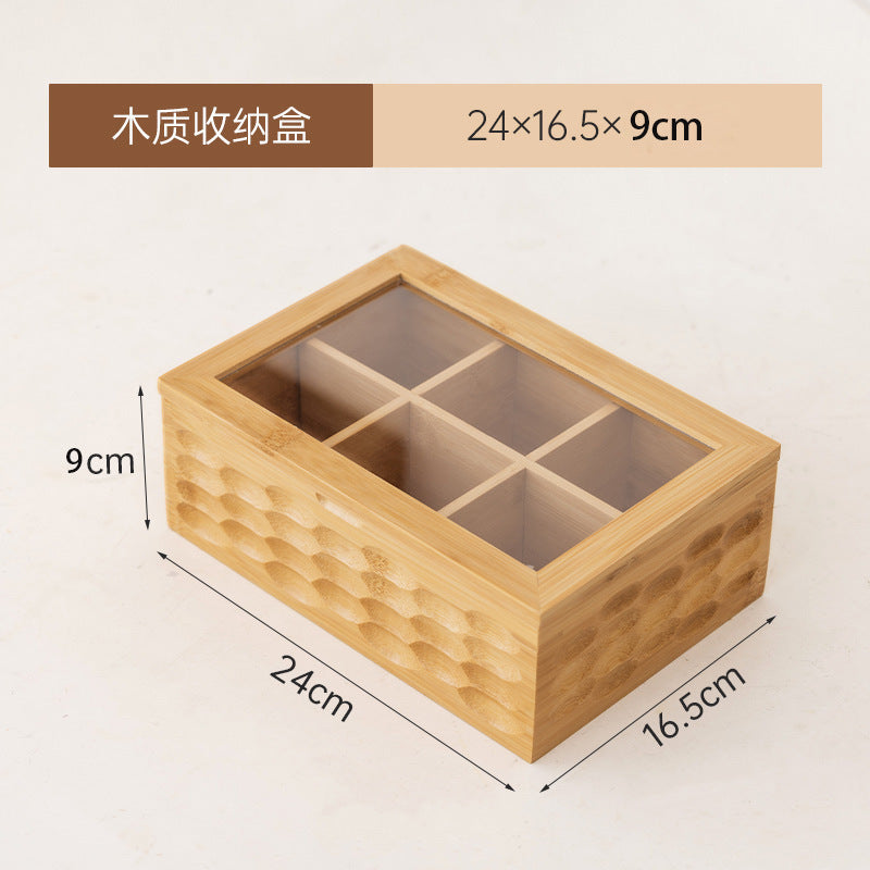 桌面防尘茶包收纳盒竹制文玩首饰置物盒药物分装盒子九宫格储物盒Desk-top dust-proof tea bag storage box; bamboo box for collectables and jewellery; medicine portioning box; 3x3 grid storage box