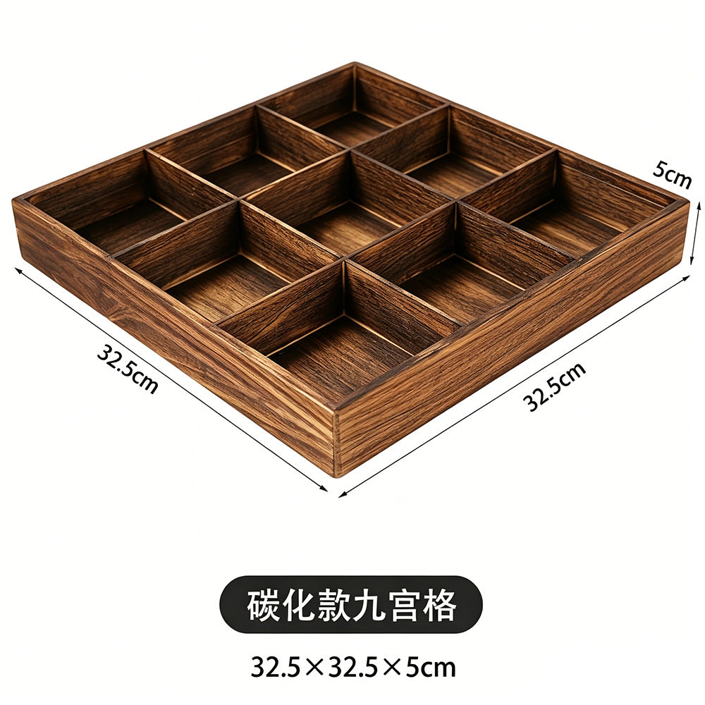 围炉煮茶分格托盘零食点心果盘水果盘中式四宫格木质九宫格干果盘Wooden four-compartment tray for boiling tea by the fire; snack tray; pastry tray; fruit platter; Chinese-style four-compartment wooden tray; nine-compartment wooden tray for dried fruit