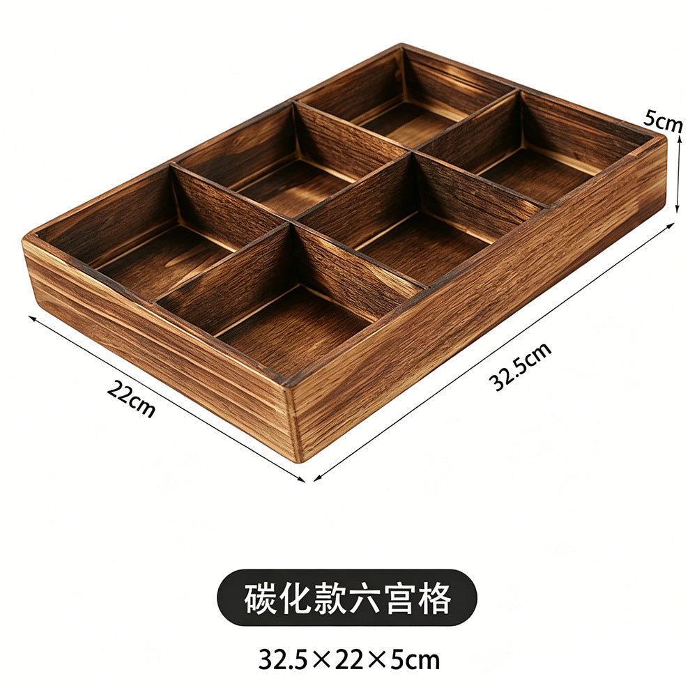 围炉煮茶分格托盘零食点心果盘水果盘中式四宫格木质九宫格干果盘Wooden four-compartment tray for boiling tea by the fire; snack tray; pastry tray; fruit platter; Chinese-style four-compartment wooden tray; nine-compartment wooden tray for dried fruit