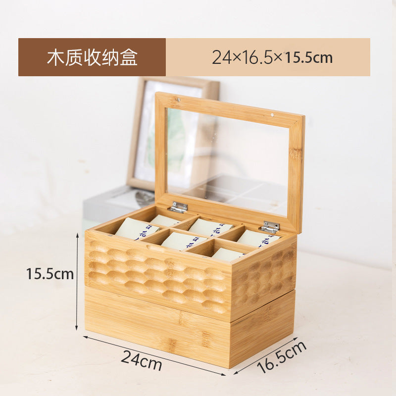 桌面防尘茶包收纳盒竹制文玩首饰置物盒药物分装盒子九宫格储物盒Desk-top dust-proof tea bag storage box; bamboo box for collectables and jewellery; medicine portioning box; 3x3 grid storage box