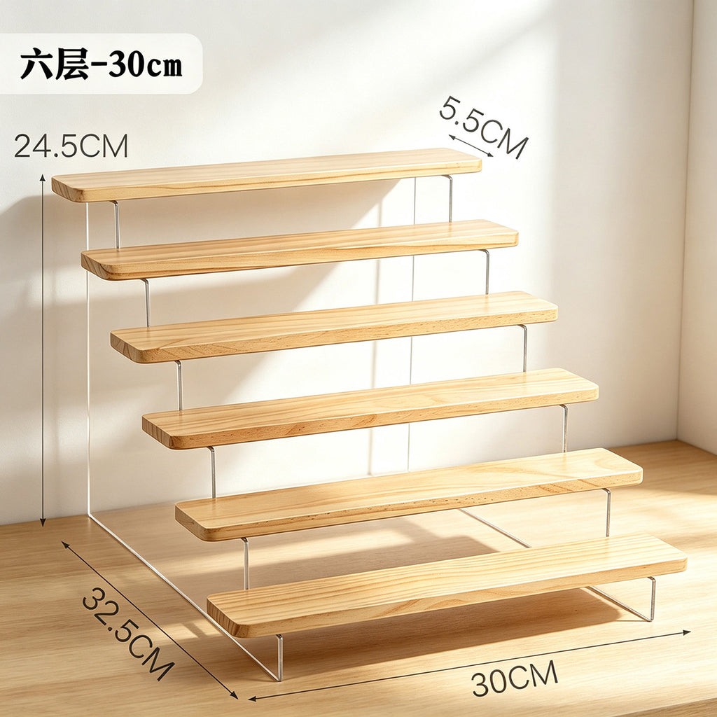 家用轻奢展示架亚克力透明阶梯架盲盒摆件手办桌面简约木质置物架Home-use luxury display stand; transparent acrylic tiered stand; blind box figurines; collectables; minimalist wooden desktop storage rack
