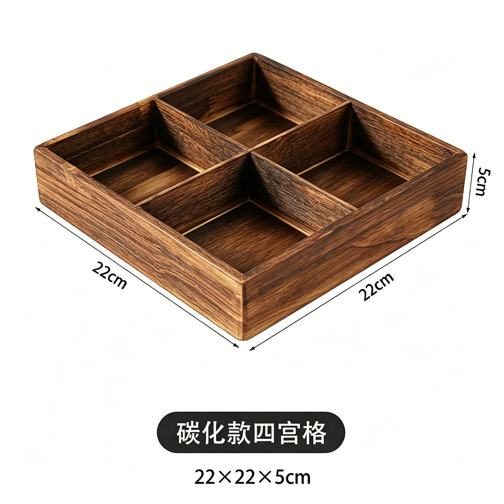 围炉煮茶分格托盘零食点心果盘水果盘中式四宫格木质九宫格干果盘Wooden four-compartment tray for boiling tea by the fire; snack tray; pastry tray; fruit platter; Chinese-style four-compartment wooden tray; nine-compartment wooden tray for dried fruit