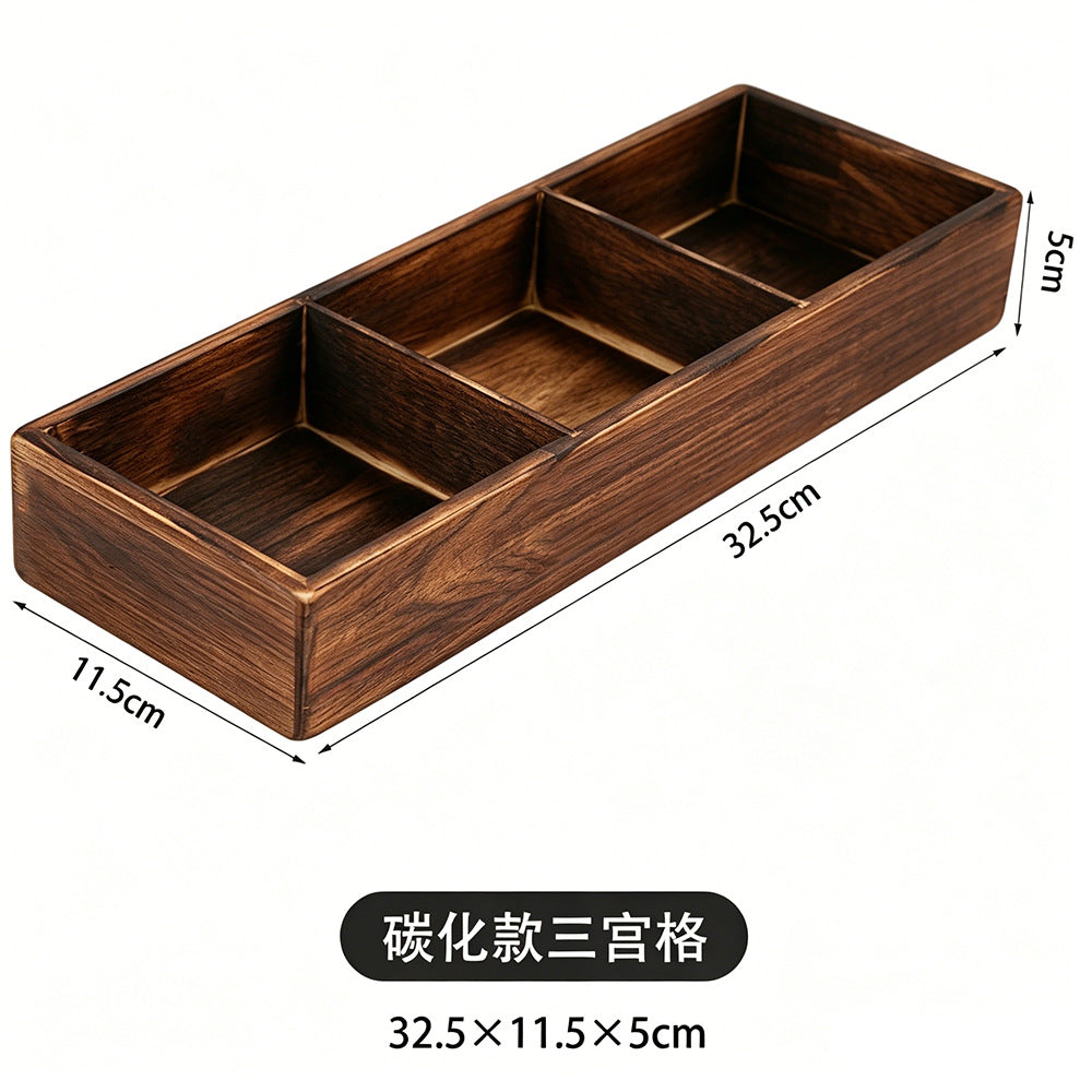 围炉煮茶分格托盘零食点心果盘水果盘中式四宫格木质九宫格干果盘Wooden four-compartment tray for boiling tea by the fire; snack tray; pastry tray; fruit platter; Chinese-style four-compartment wooden tray; nine-compartment wooden tray for dried fruit