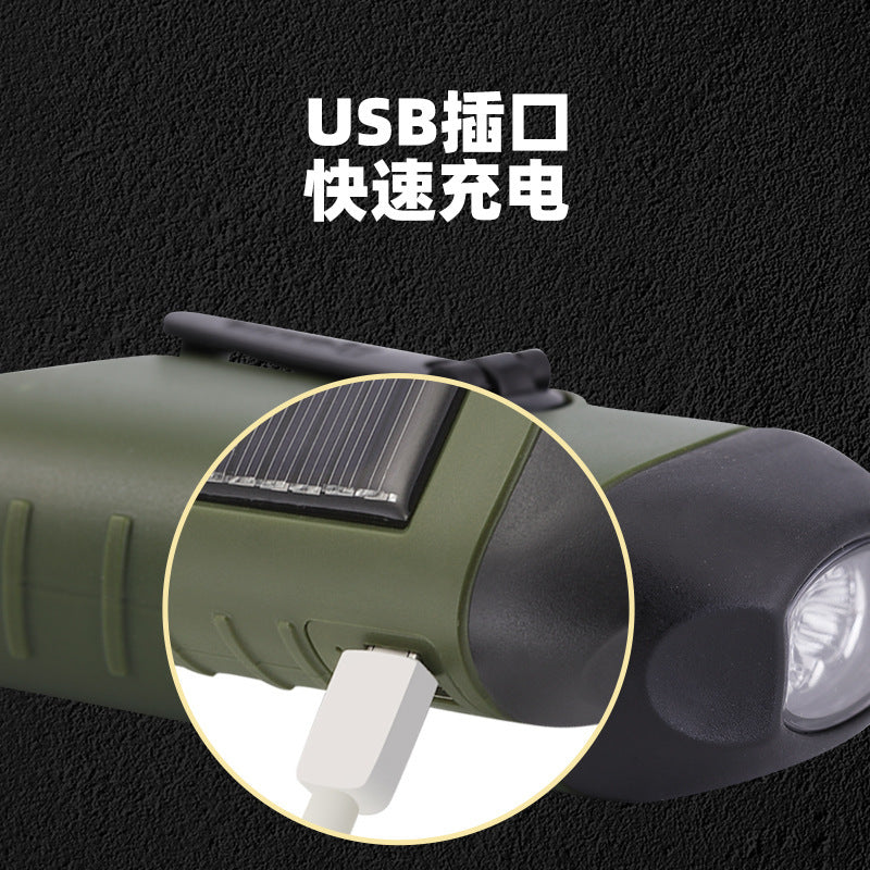 跨境户外应急太阳能手电筒手持手摇发电USB充电强光手电筒批发Wholesale of Cross-Border Outdoor Emergency Solar-Powered Handheld Flashlights with Hand-Crank Charging and USB Rechargeable High-Intensity Light