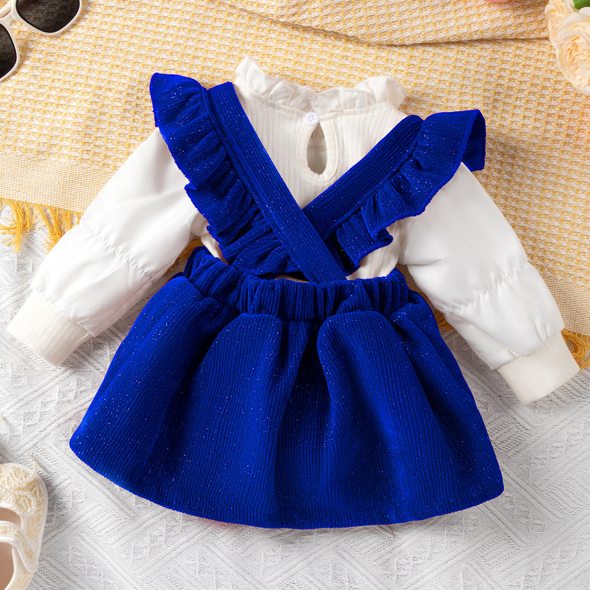 女童套装女宝宝加厚打底衫木耳花边裙子两件套圣诞 Girls' Outfit Set: Baby Girl Thickened Base Layer Top and Ruffle Skirt Two-Piece Set for Christmas