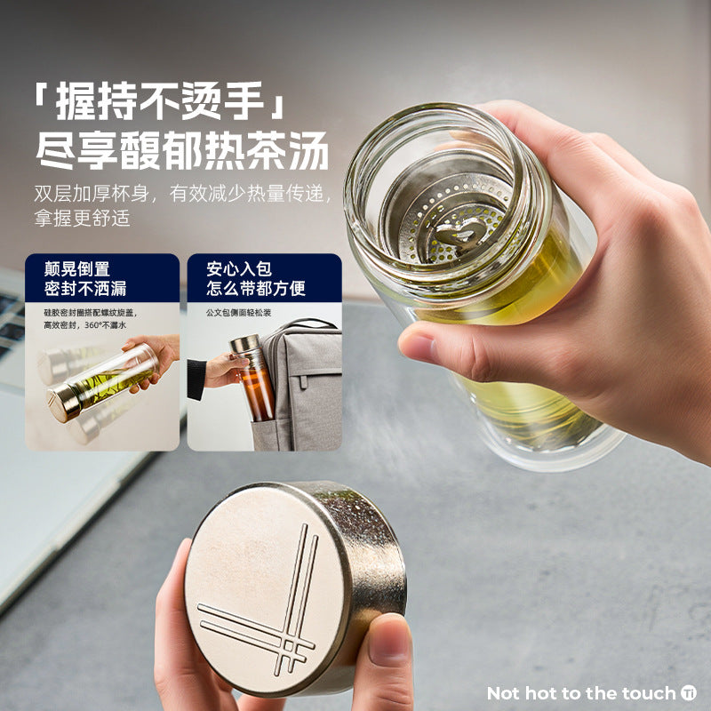 双层耐高温玻璃杯商务办公泡茶杯纯钛杯盖茶漏把手杯高档茶水杯Double-Walled High-Temperature-Resistant Glass Cup, Business Office Tea Cup, Pure Titanium Lid, Tea Strainer, Handle, High-End Tea Cup
