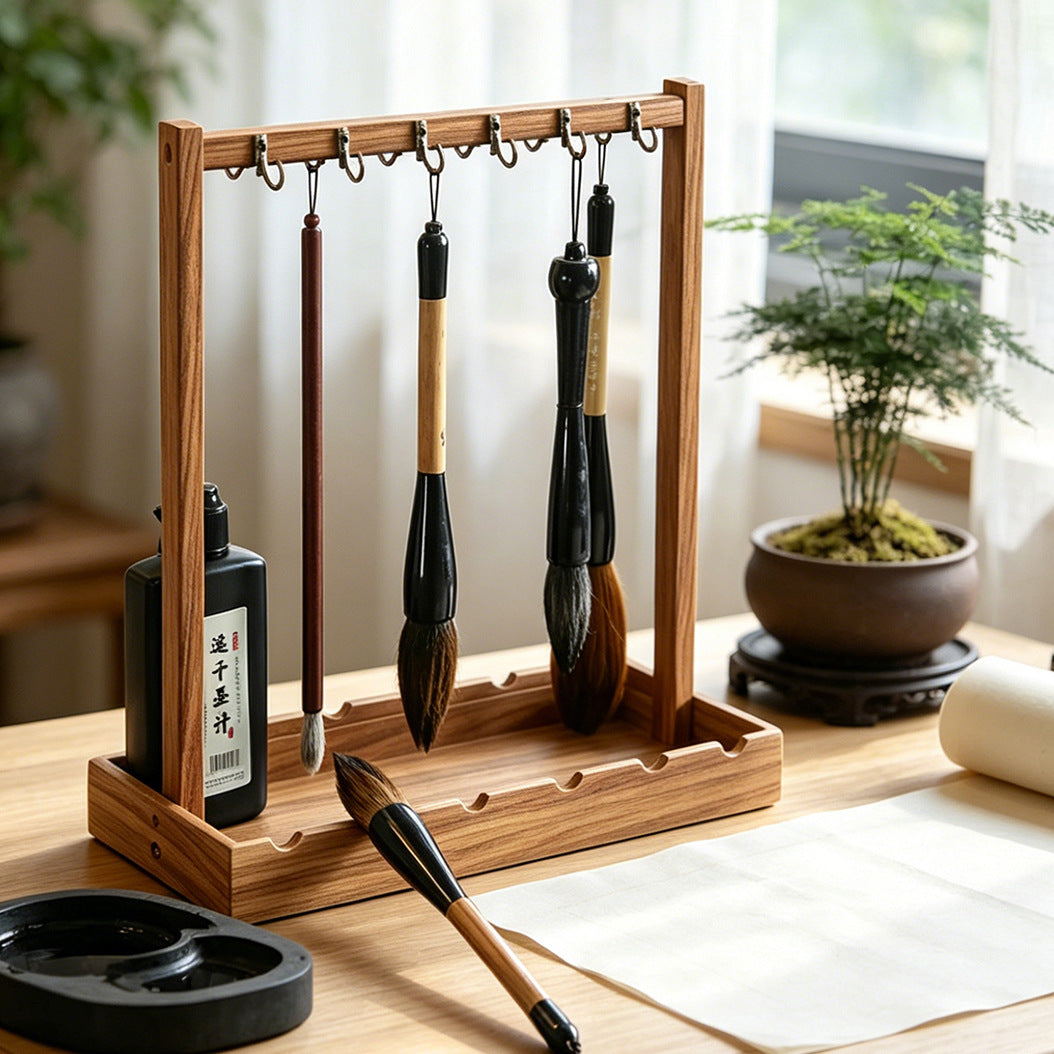 实木毛笔收纳架桌面笔挂笔架学生文房四宝展示架悬挂式书法笔托架Solid Wood Calligraphy Brush Storage Rack, Desktop Brush Holder, Student’s Four Treasures of the Study Display Stand, Wall-Mounted Calligraphy Brush Holder