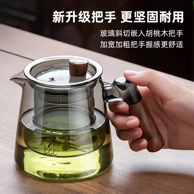 胡桃木把手泡茶壶高硼硅耐热玻璃茶壶茶室办公家用茶水分离杯Walnut-Handled Teapot, High-Borosilicate Heat-Resistant Glass Teapot, Tea Room, Office, and Home Use, Tea-Water Separation Cup