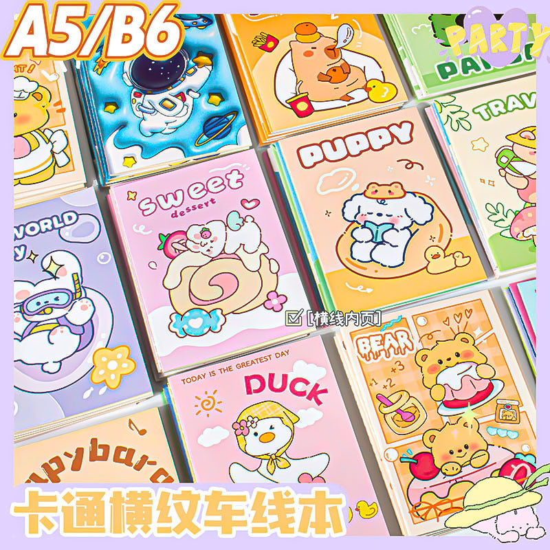 B6/A5卡通横纹车线本可撕学生记事本可爱卡通小狗便签本纸笔记本 B6/A5 Cartoon Striped Stitched Notebook, Tear-Off Student Notepad, Cute Cartoon Puppy Sticky Note Pad, Paper Notebook