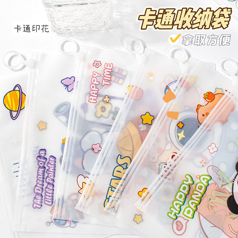 MOKA魔卡卡通指环拉链pvc拉边袋学生透明防水收纳袋办公文具MOKA Magic Card Cartoon Ring Zipper PVC Pouch—Transparent Waterproof Storage Bag for Students and Office Supplies