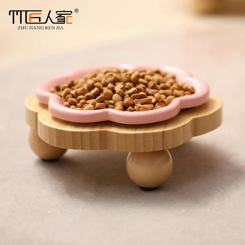 花朵竹制宠物猫碗架陶瓷猫咪猫粮猫食盆防打翻饭碗狗狗双碗餐盘定Floral Bamboo Pet Cat Bowl Stand, Ceramic Cat Food Bowl, Anti-tip Bowl, Dog Double-Bowl Set