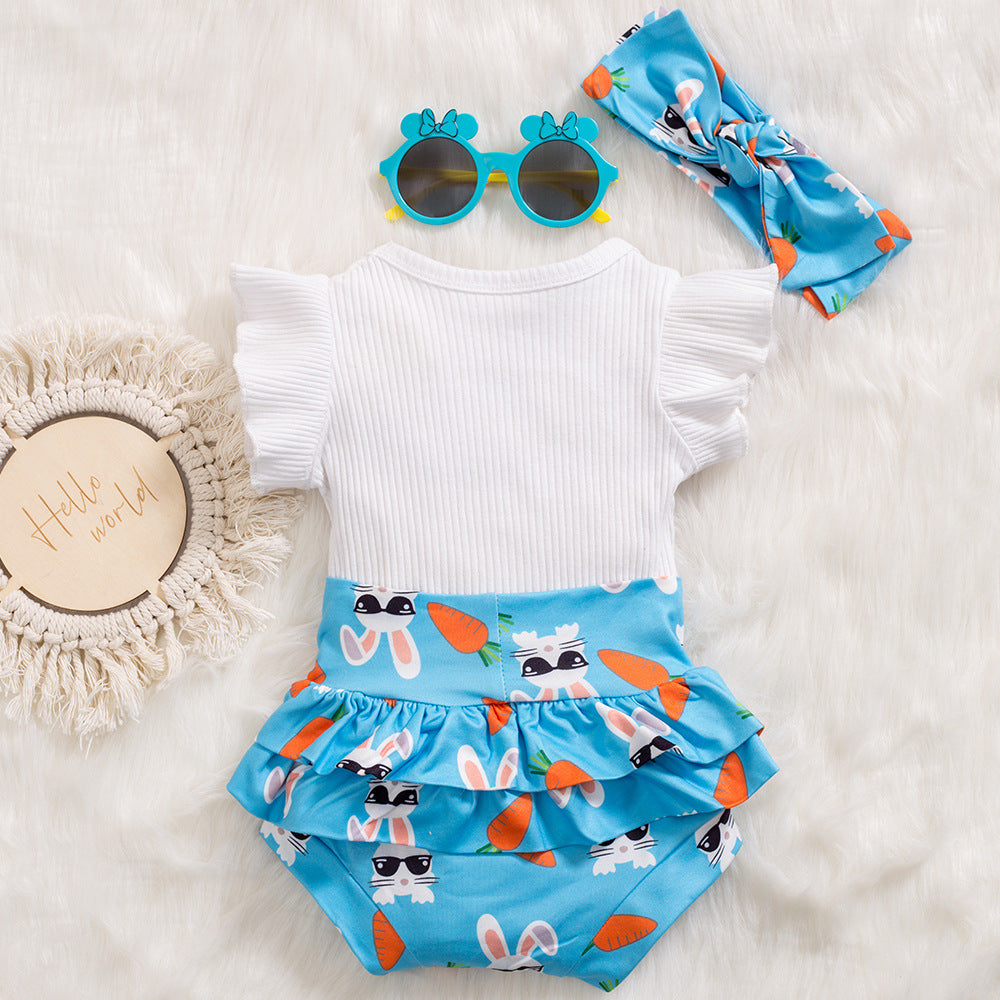 复活节女宝宝飞袖哈衣+短裤+头花多件套 Easter Baby Girl Set: Ruffled Romper + Shorts + Hair Clip