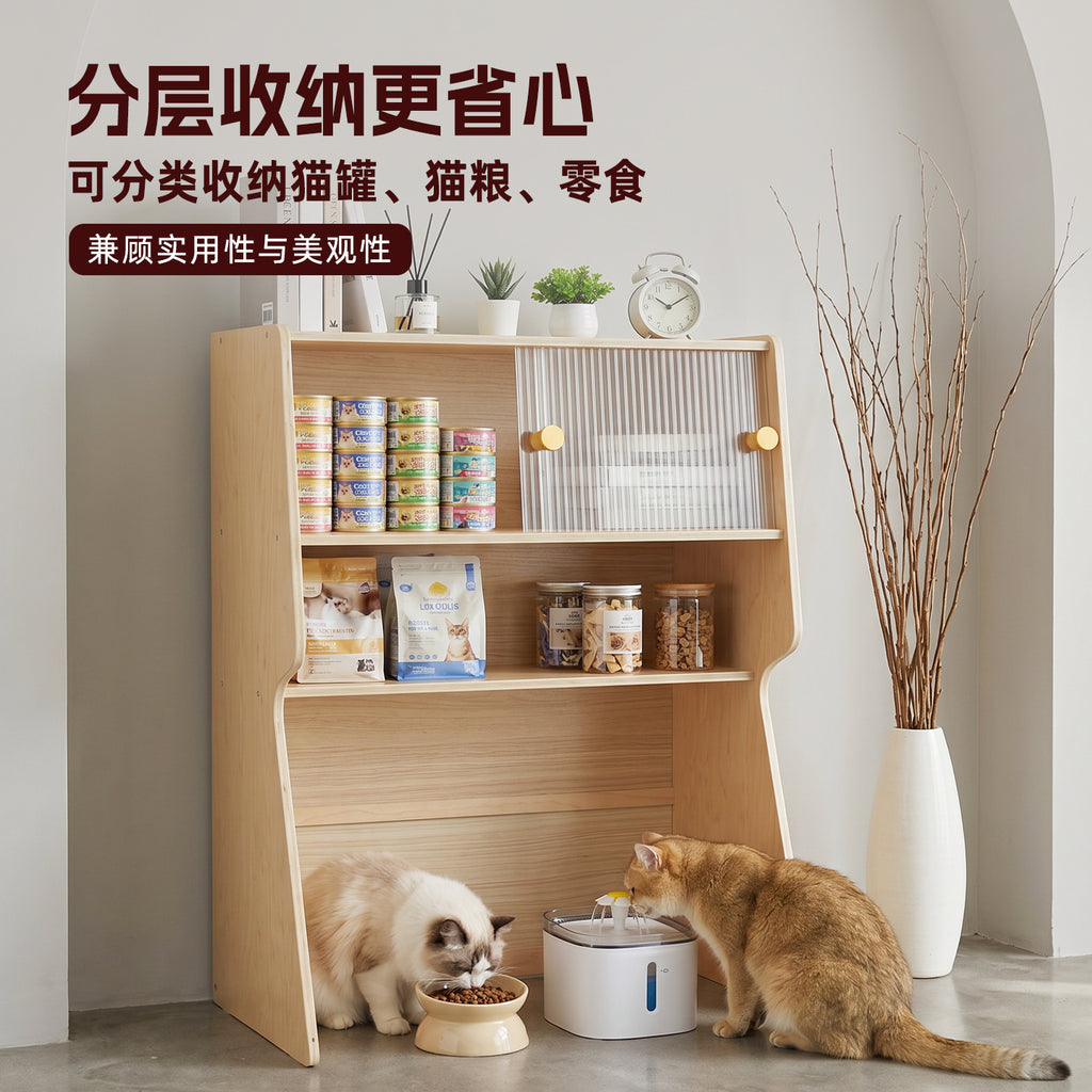 实木杨木多功能猫食柜储物柜人宠共用柜子Solid Poplar Wood Multifunctional Cat Feeding Cabinet and Storage Unit – Shared Cabinet for People and Pets