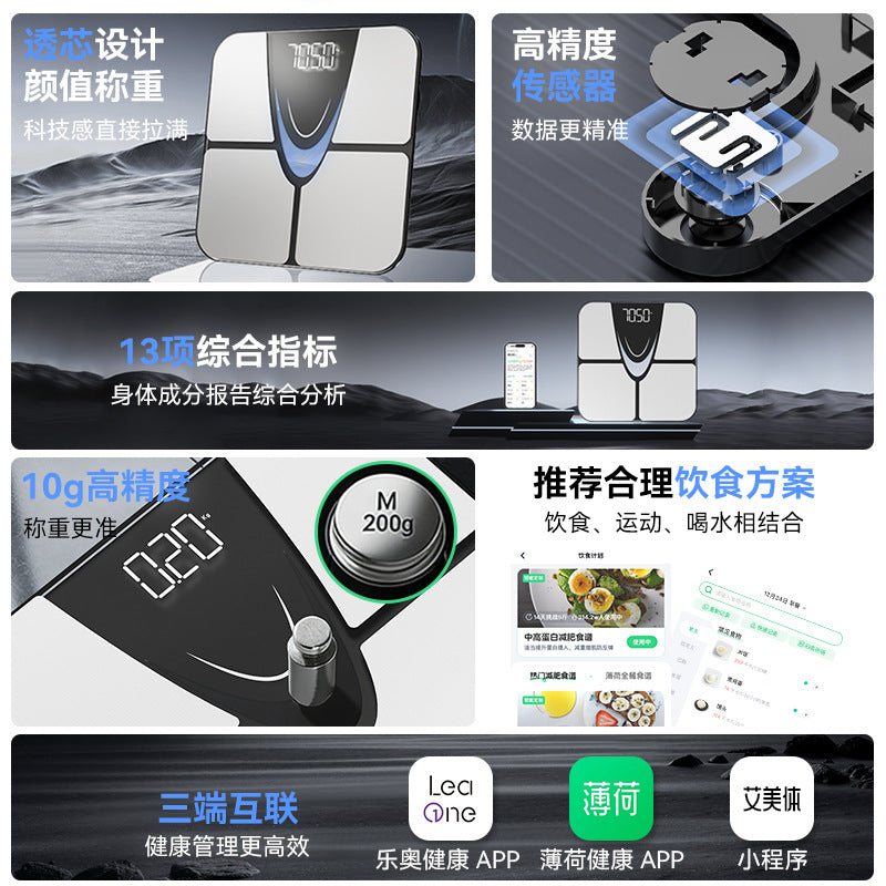 体重秤家用体脂秤精准电子秤人体称重计充电小型智能减肥专用定制Body Weight Scales, Home-Use Body Fat Scales, Accurate Electronic Scales, Personal Weighing Scales, Rechargeable, Compact, Smart, Specialised for Weight Loss, Customised