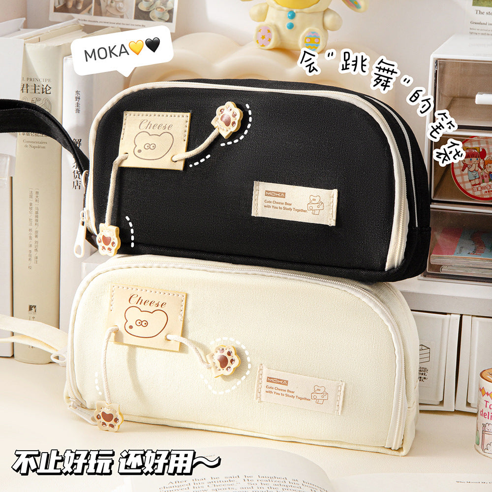 MOKA跳舞小熊笔袋提手大容量笔盒简约卡通提手帆布文具袋盒 MOKA Dancing Bear Pencil Case with Handle—Large-Capacity Pencil Case, Minimalist Cartoon-Style Handle, Canvas Stationery Bag