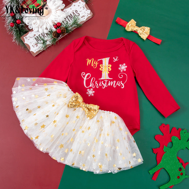 圣诞节宝宝套装婴儿秋装长袖哈衣tutu裙圣诞节日服 Christmas Baby Outfit Set: Fall Baby Clothing, Long-Sleeve Onesie, Tutu Skirt, Christmas Holiday Outfit