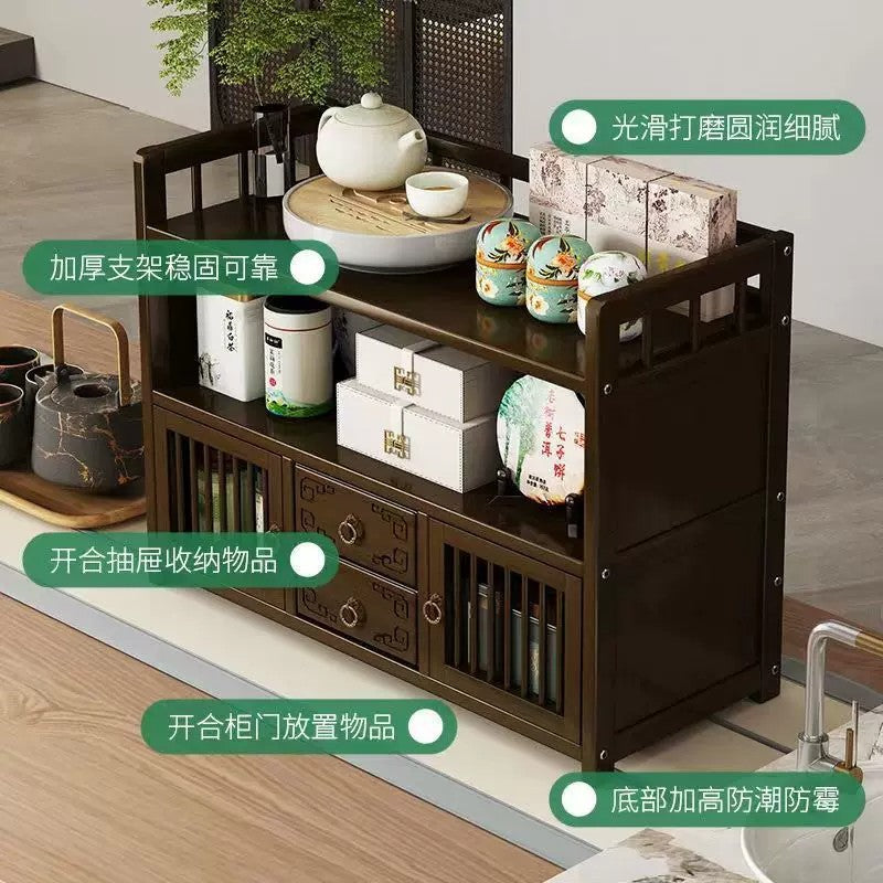 茶水柜置物架收纳柜茶架子台式博古架中式桌面楠竹小型茶柜多宝阁Tea cabinet, shelving unit, storage cabinet, tea stand, tabletop display cabinet, Chinese-style tabletop cabinet, small nanmu bamboo tea cabinet, multi-tiered display cabinet