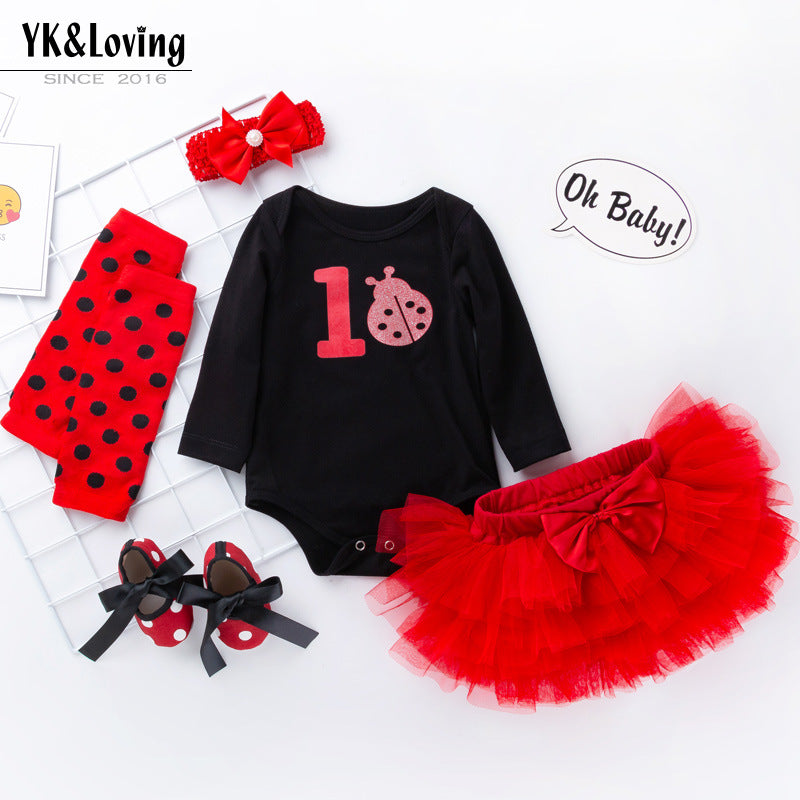 母亲节女宝宝童套装爱心长袖哈衣节日款公主裙5件套Mother's Day 5-Piece Outfit Set for Baby Girls: Heart-Print Long-Sleeve Onesie and Holiday-Themed Princess Dress