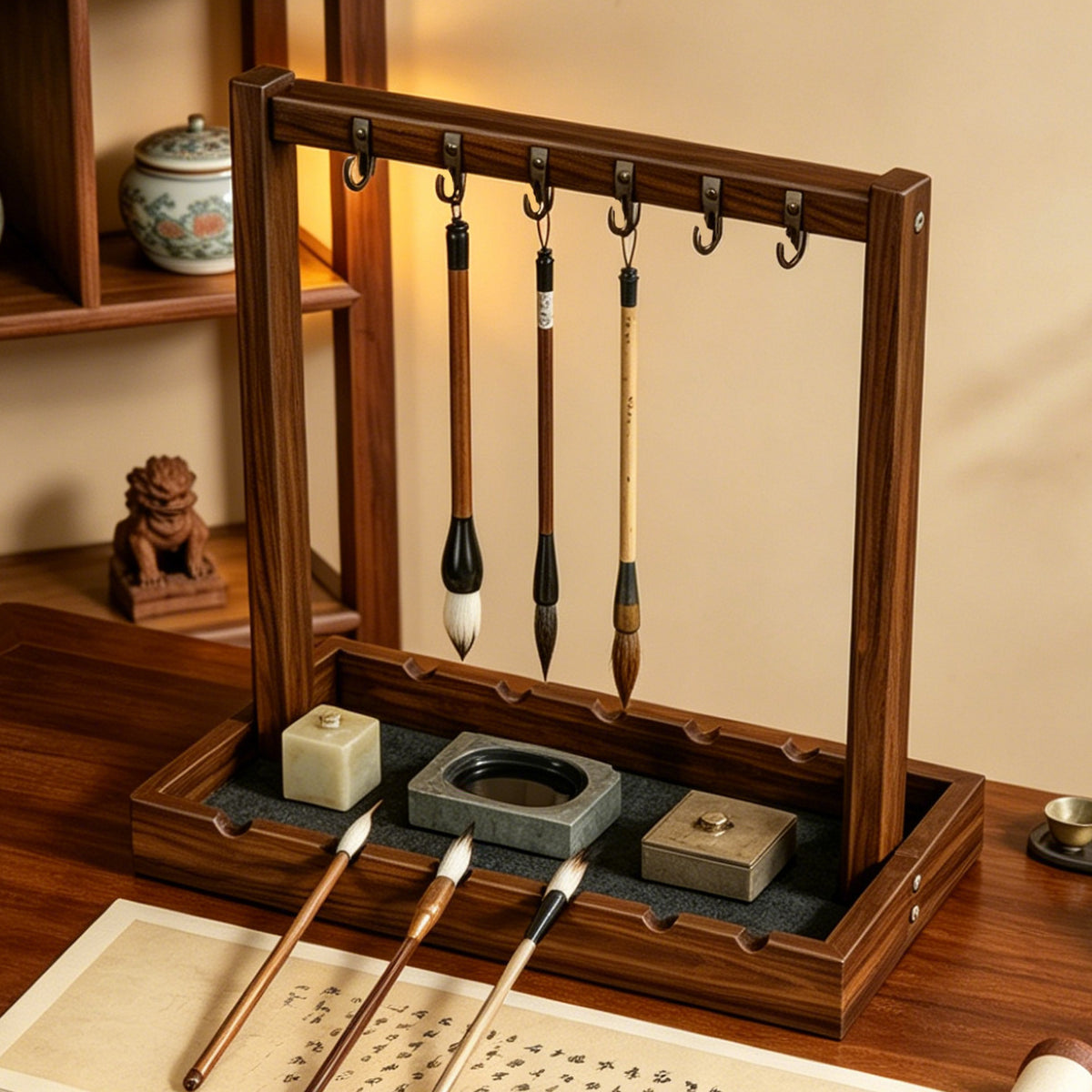 毛笔收纳架桌面复古笔挂笔架文房四宝实木展示架悬挂式书法笔托架Calligraphy Brush Storage Rack, Vintage Desktop Brush Holder, ‘Four Treasures of the Study’ Solid Wood Display Stand, Wall-mounted Calligraphy Brush Holder